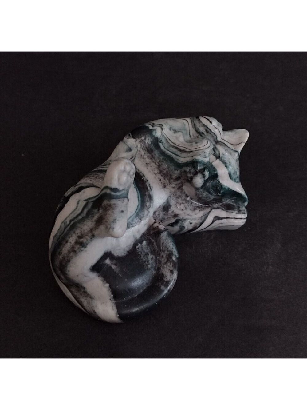 Vintage Green White Marbled Resin? Cat Figurine Showing Belly Rolling Over 3"